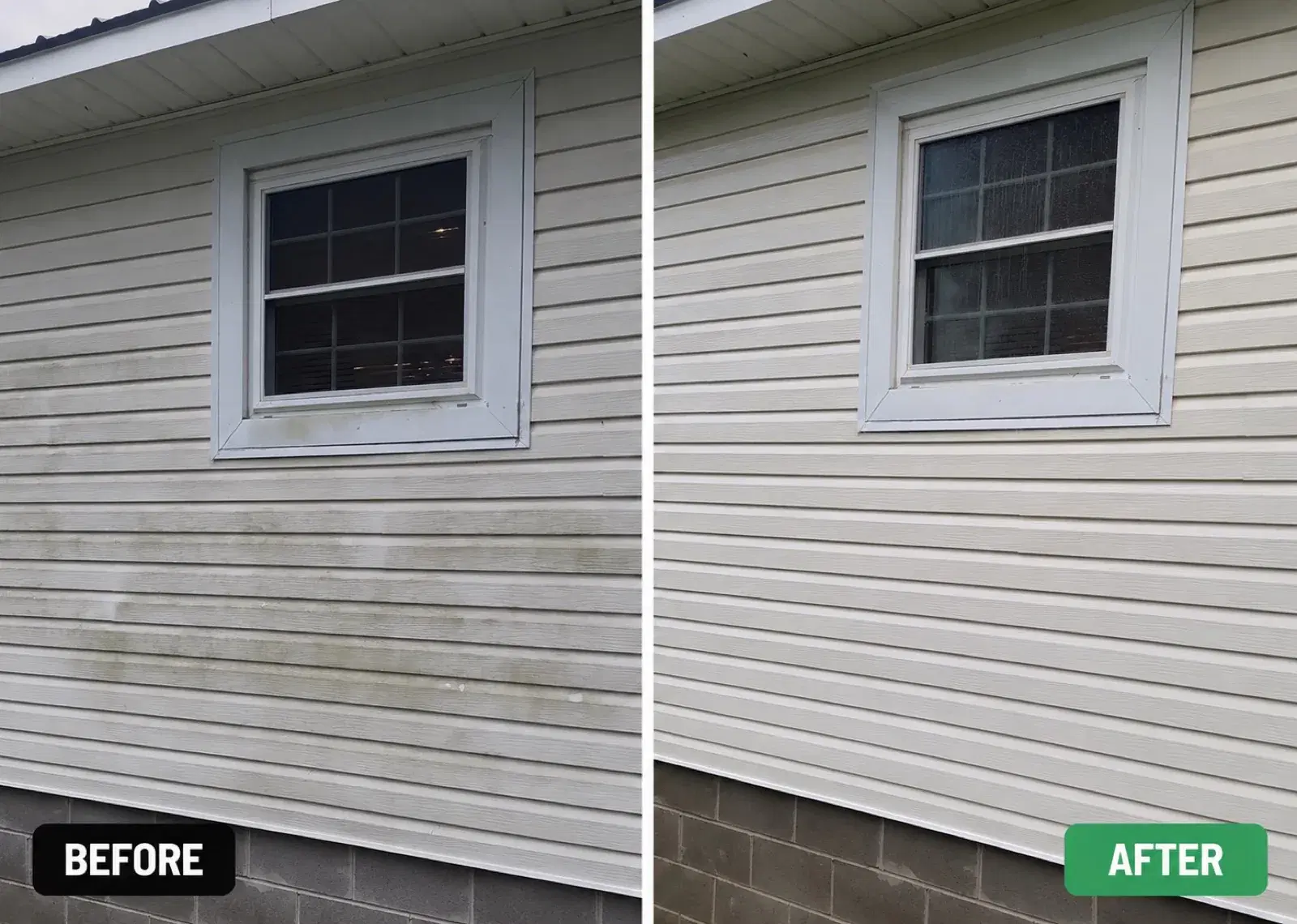 Before and after soft washing results on residential vinyl siding
