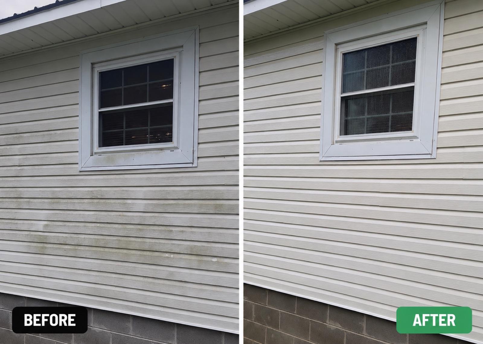 Before and after soft washing results on residential vinyl siding